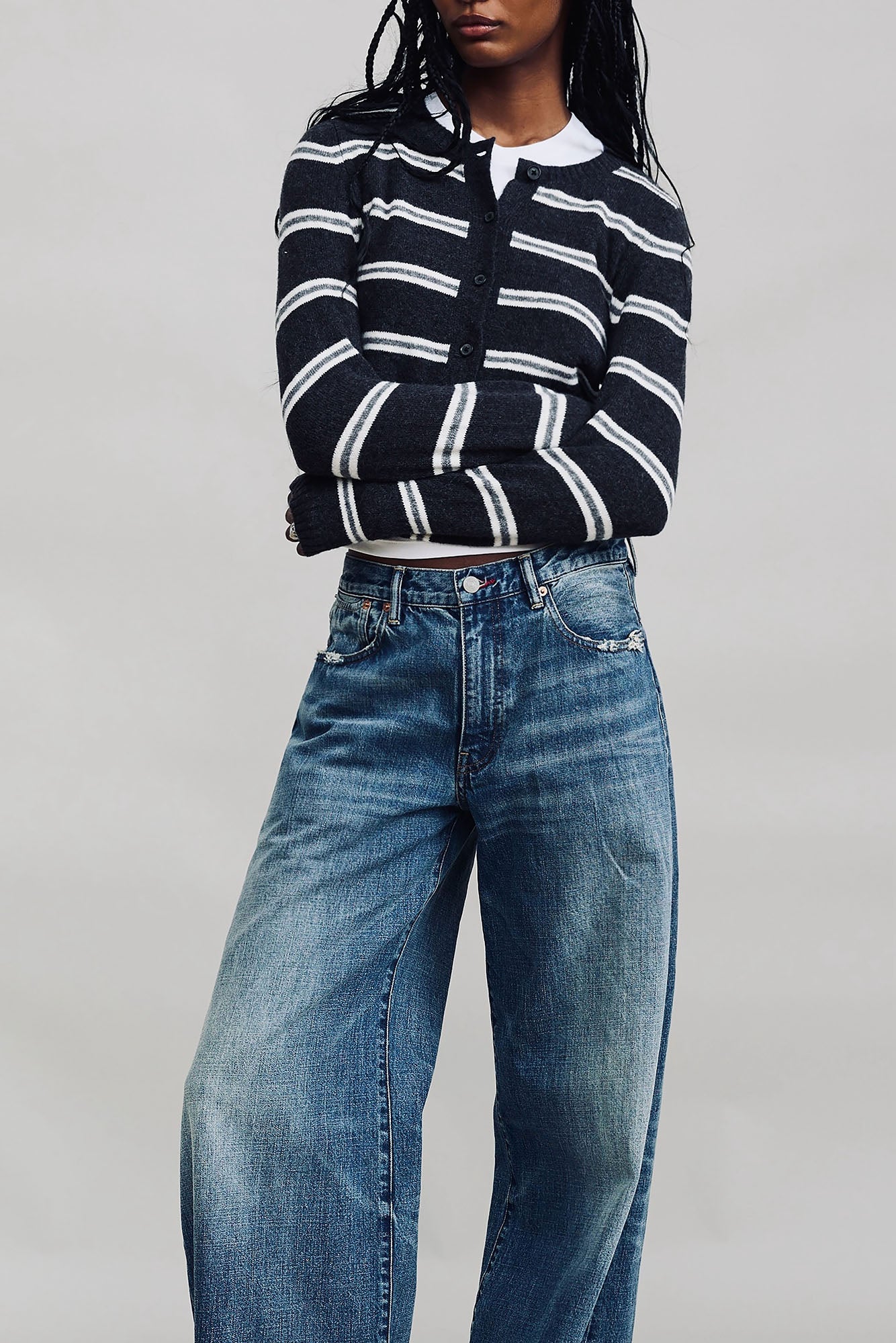 The Riley Cardigan - Charcoal With Ecru Grey Stripe