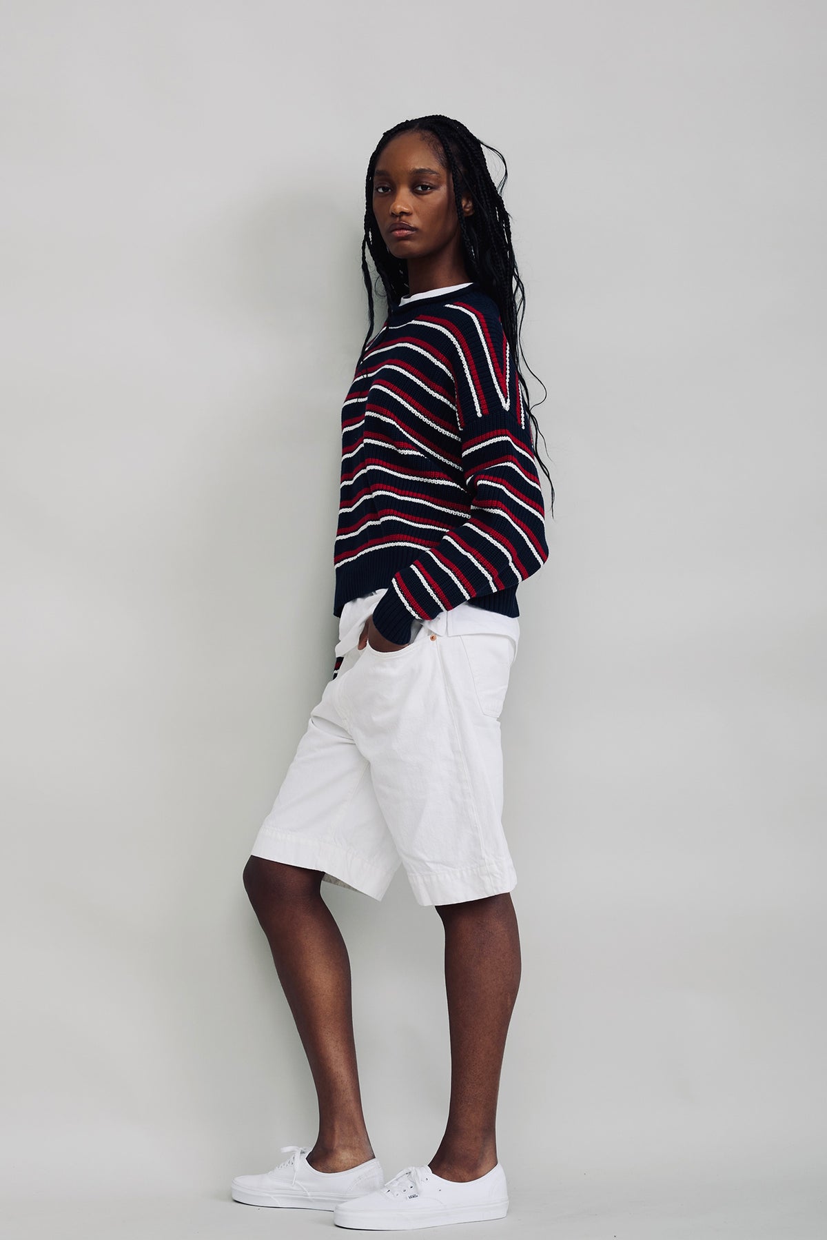 Oversized Striped Sweater W/Rolled Neck - Navy Red Cream Stripe