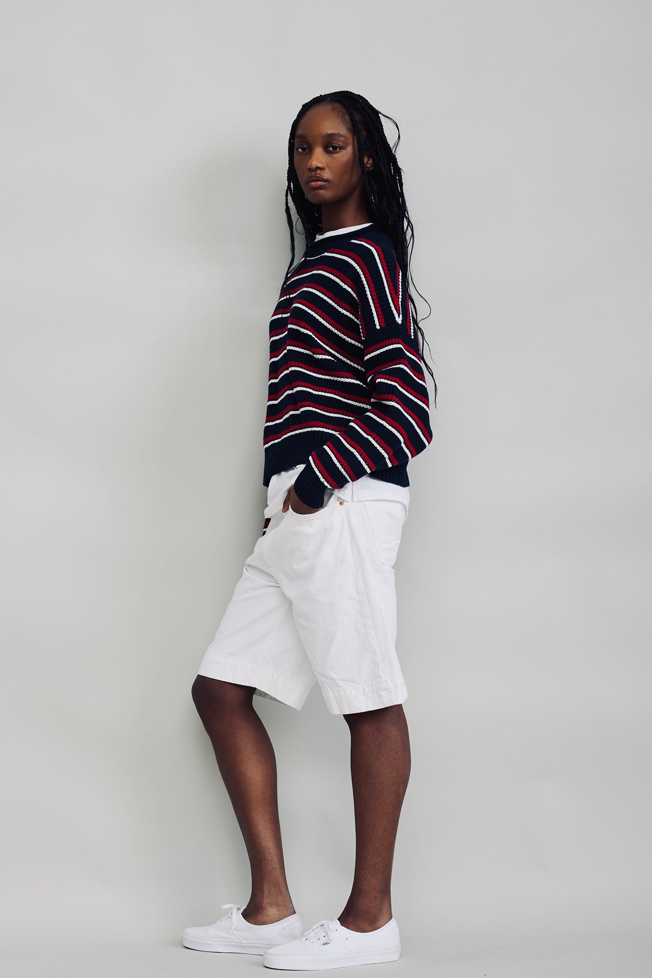 Oversized Striped Sweater W/Rolled Neck - Navy Red Cream Stripe