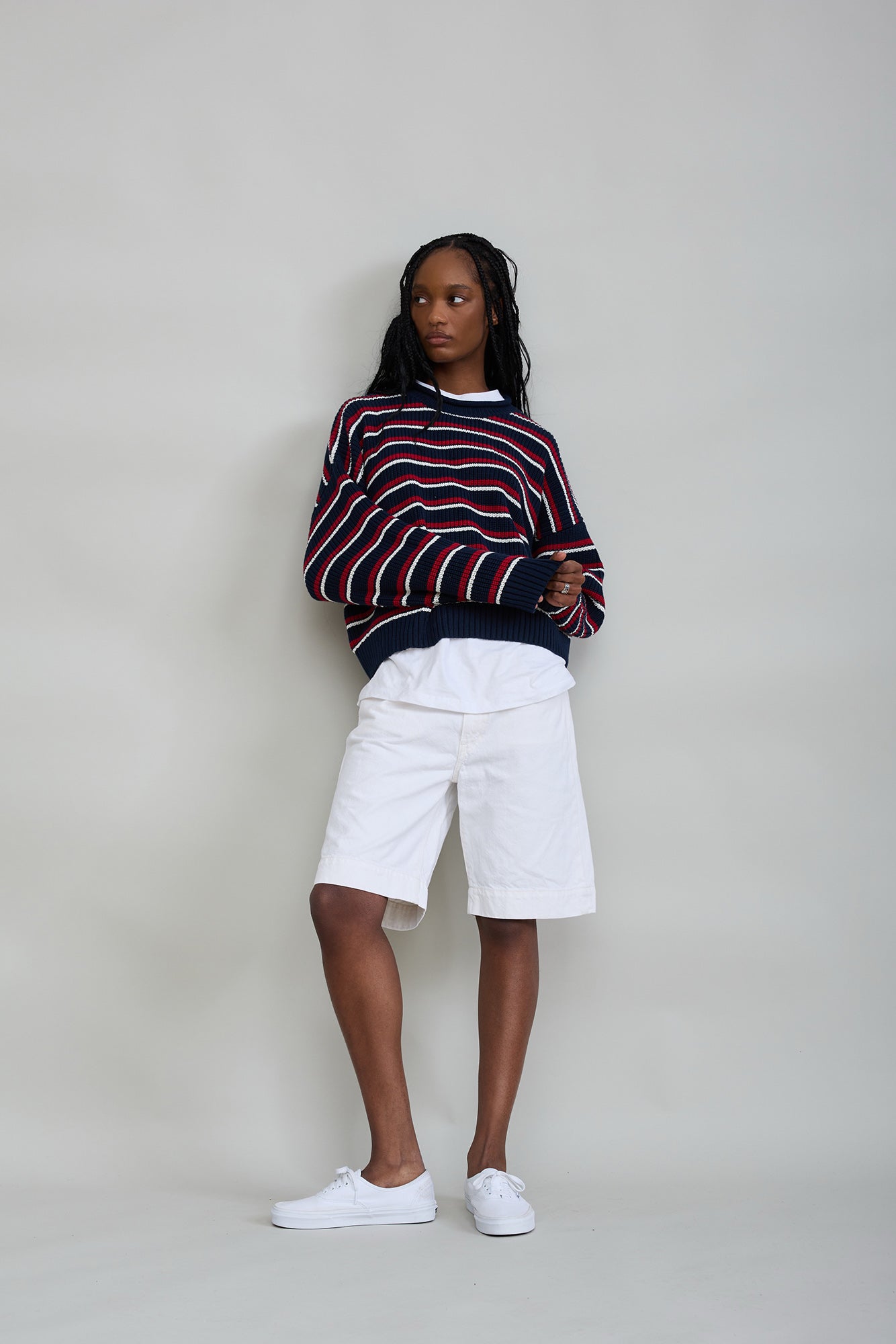 Oversized Striped Sweater W/Rolled Neck - Navy Red Cream Stripe