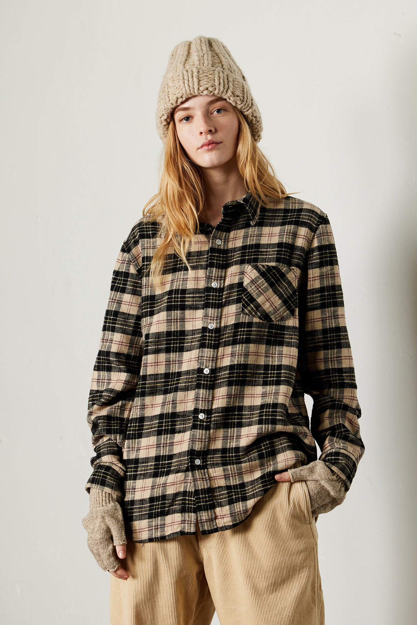 Boyfriend Shirt - Beige/ Black Plaid