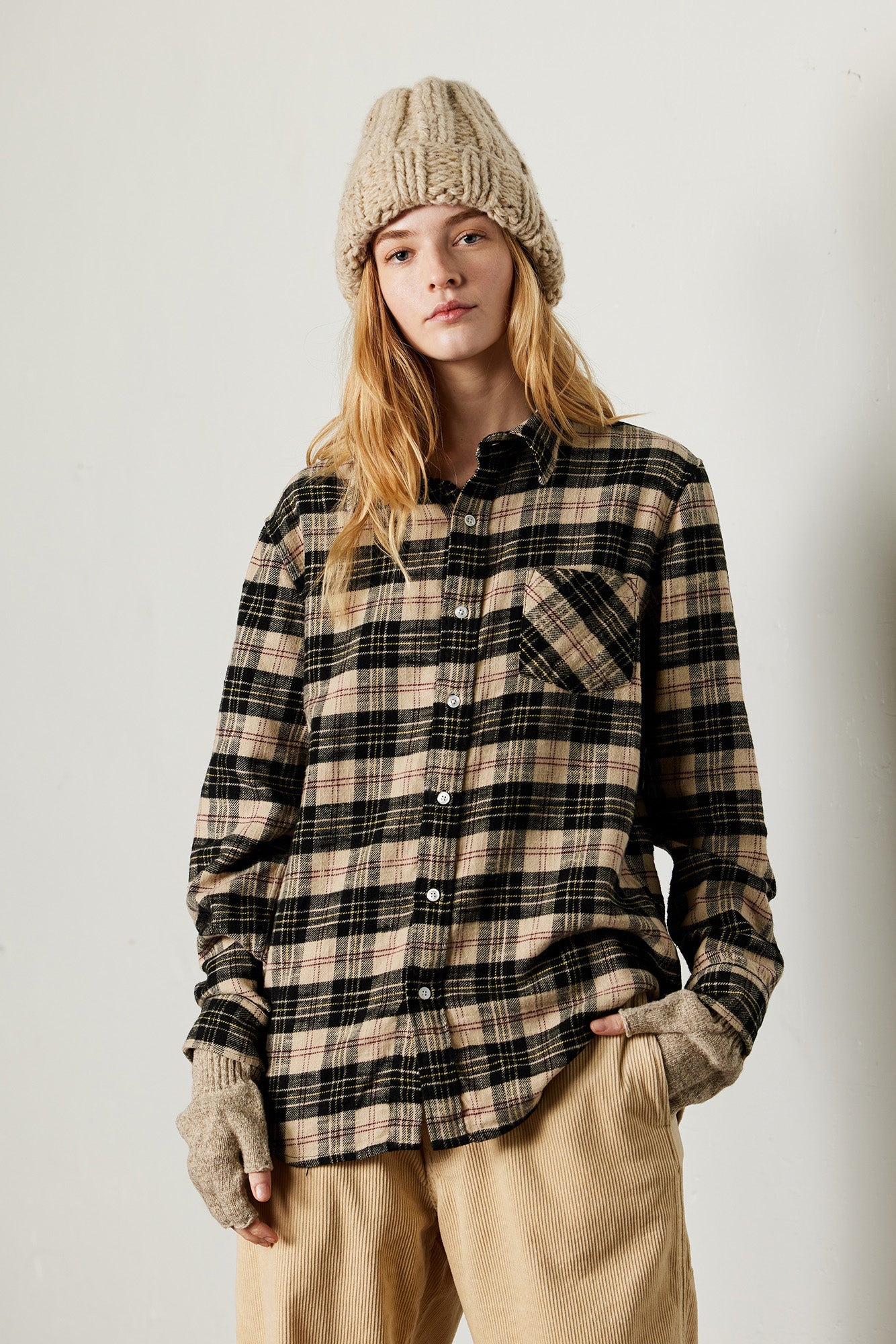 Boyfriendshirt - Beige/Schwarz kariert