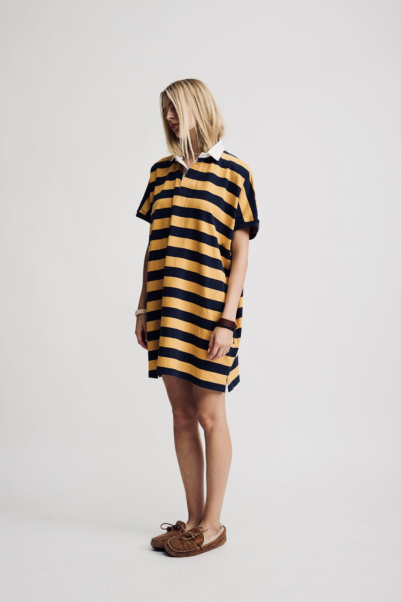 Rugby Tshirt Dress - Yellow/Navy Wide Stripe