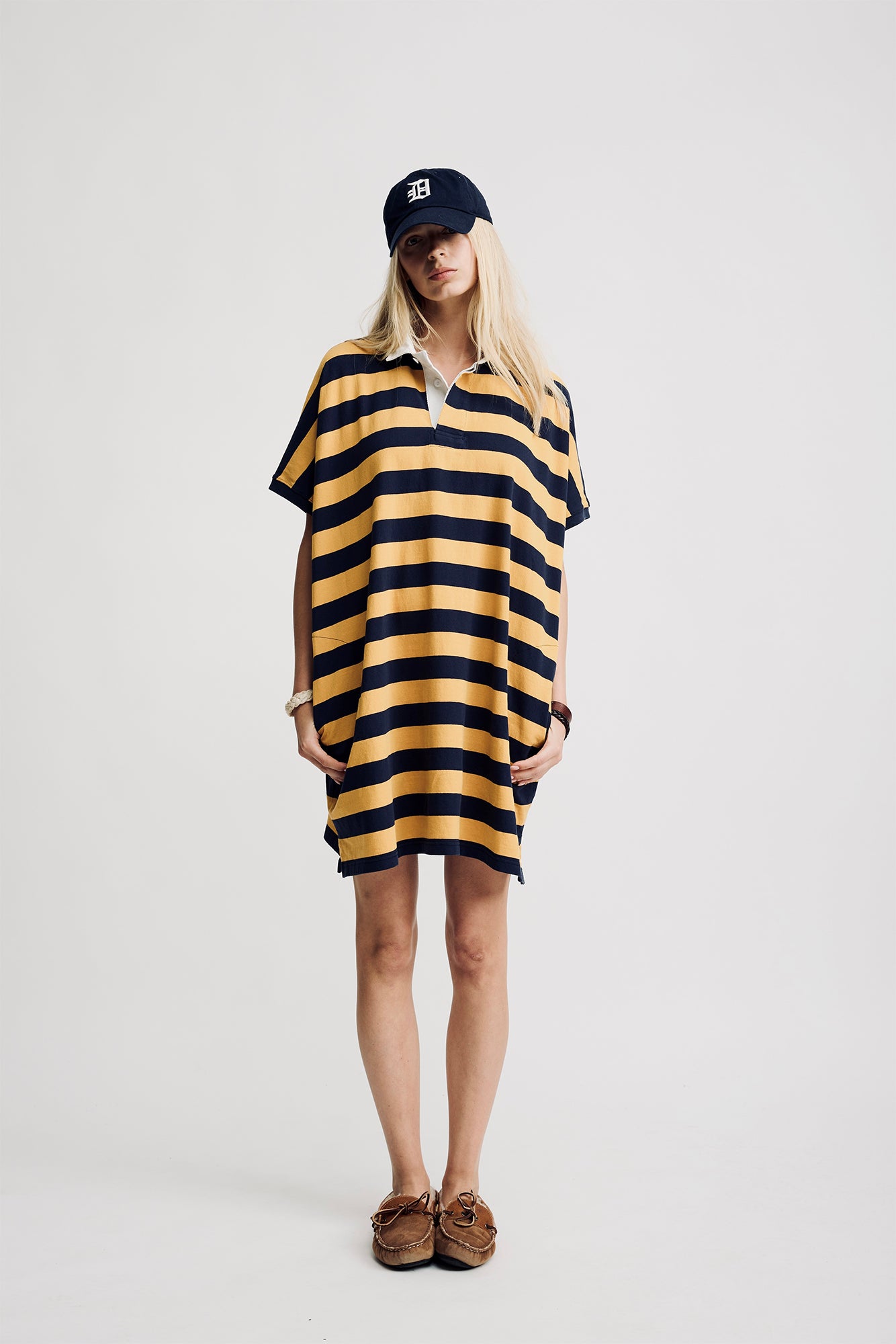 Rugby Tshirt Dress - Yellow/Navy Wide Stripe