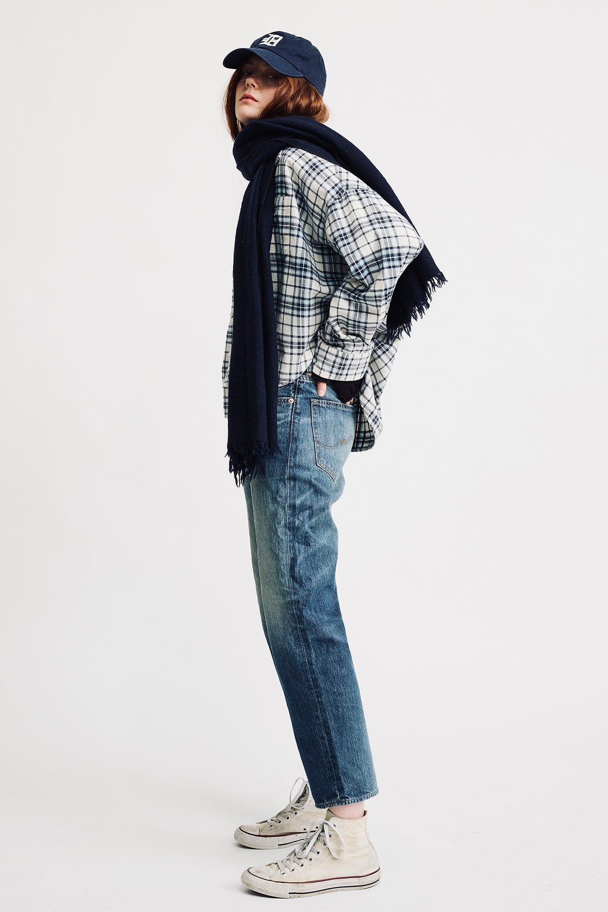 Cropped Button Front Shirt - Ecru/Light Blue Plaid