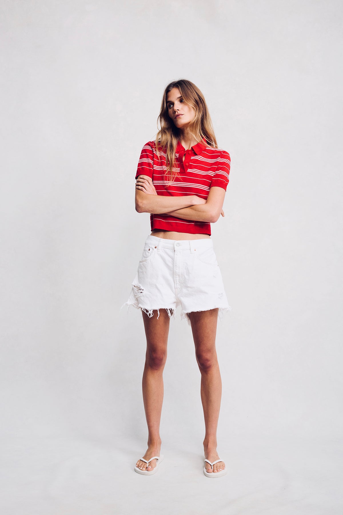 Shrunken Polo Sweater - Red And White Stripe