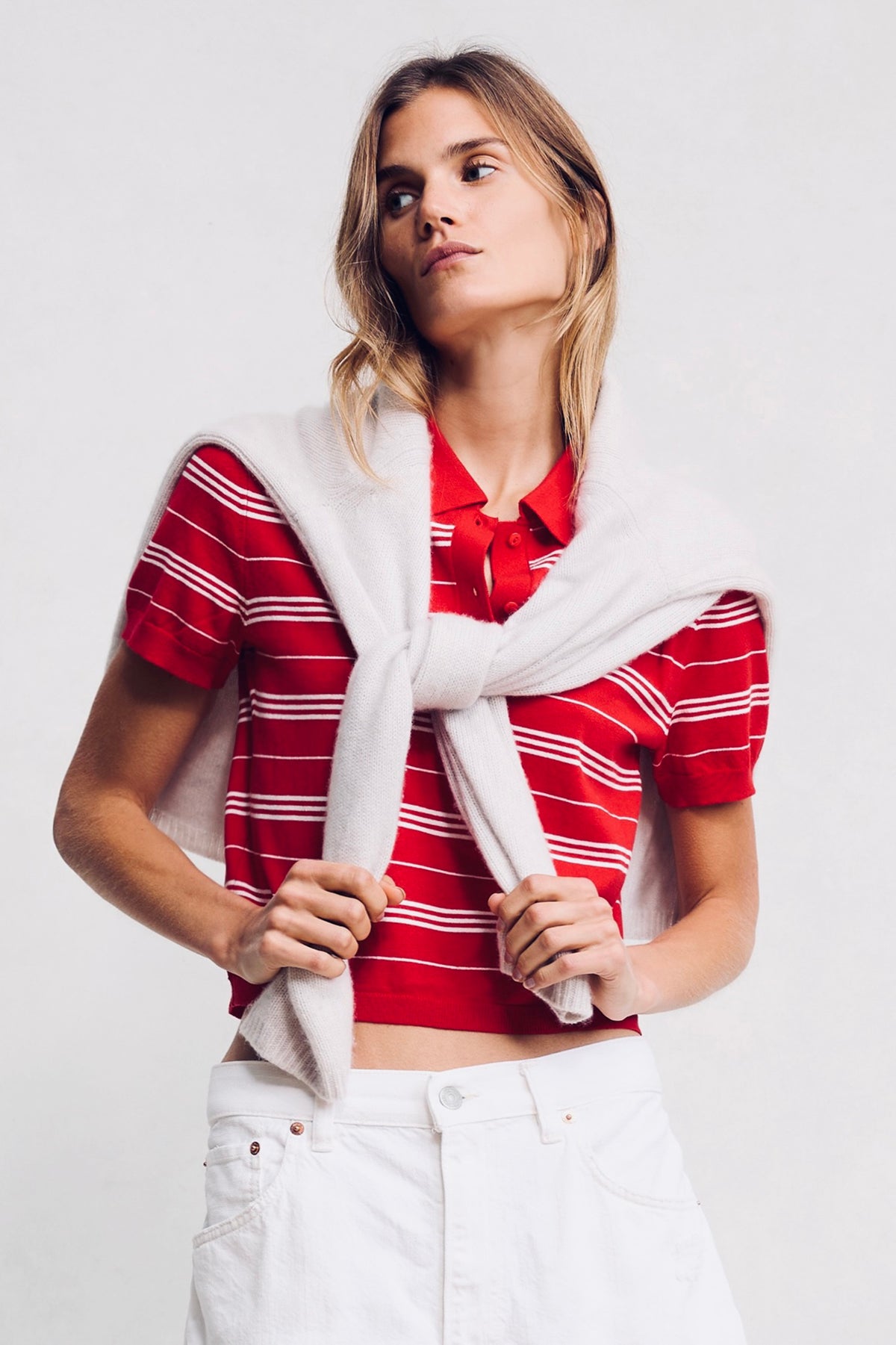 Shrunken Polo Sweater - Red And White Stripe