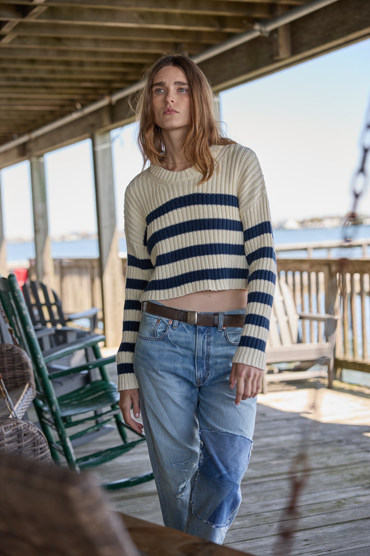 Striped Ribbed Cropped Sweater - Ecru w/ Navy