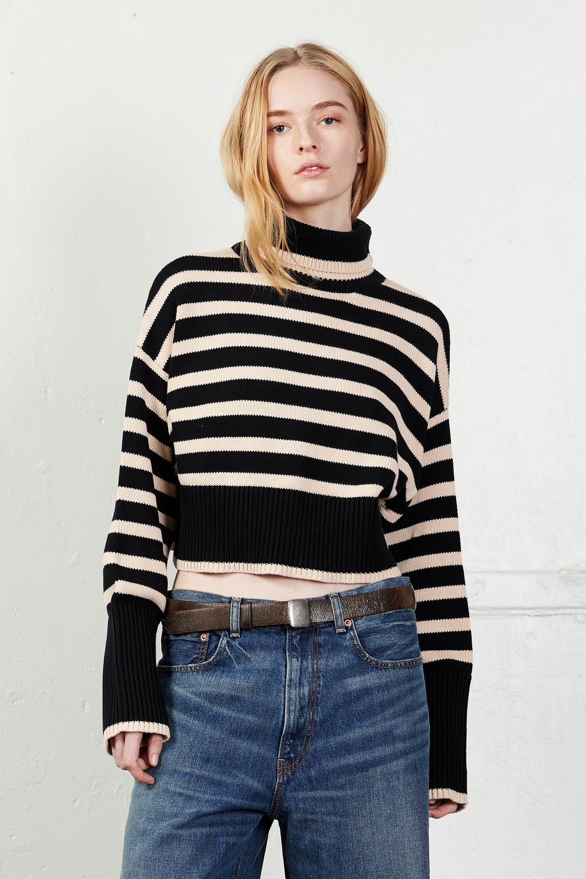 Cropped Sailor Stripe Turtleneck Sweater - Black w/ Tan Stripe