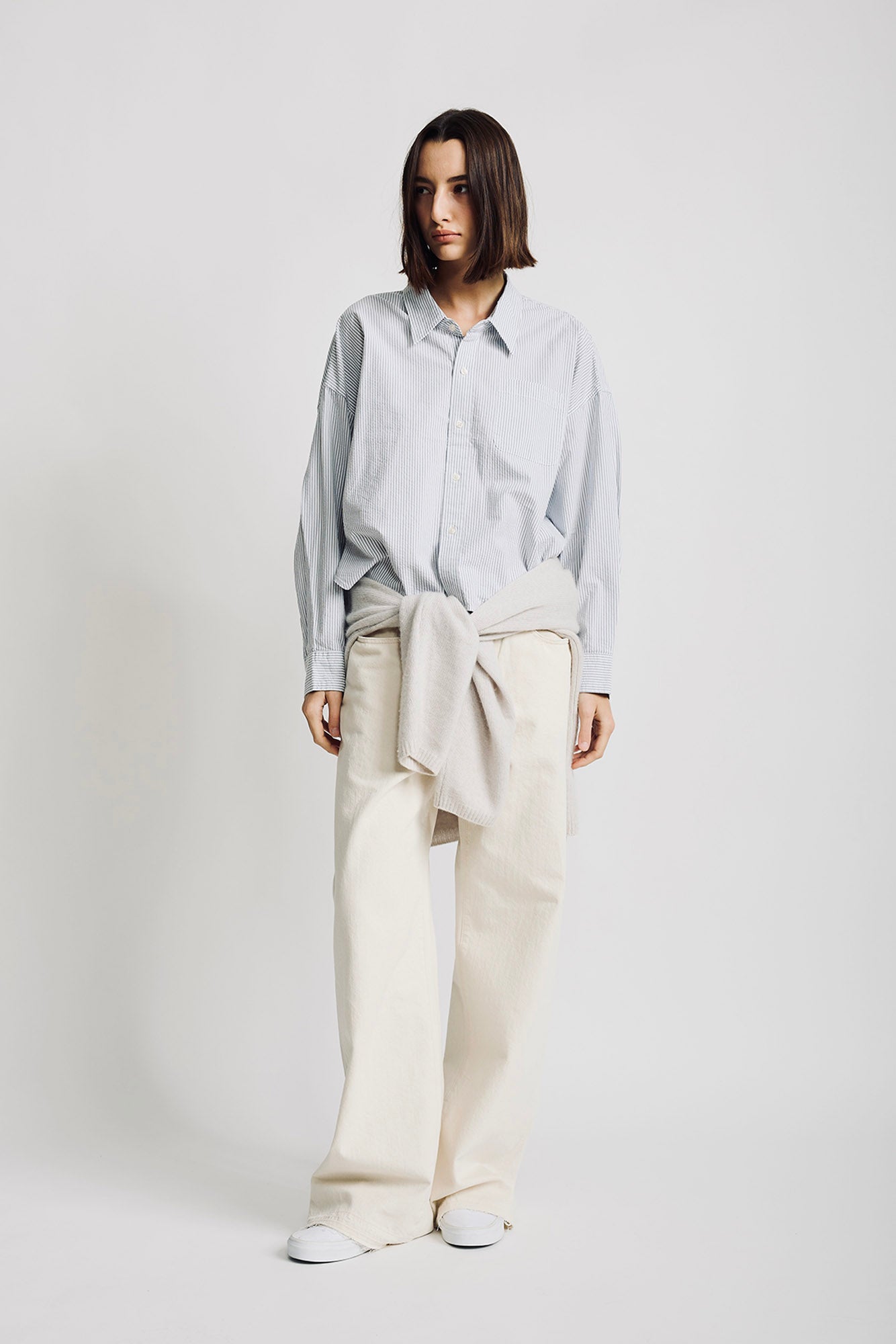 Bailey Cropped Shirt - Light Grey Seersucker Stripe