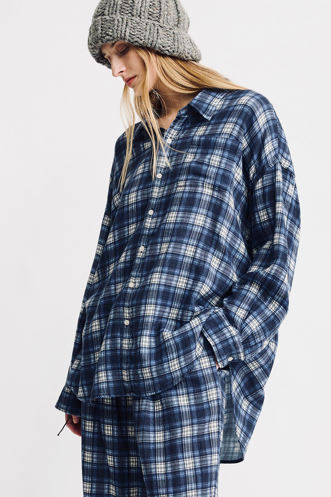 Button Front Shirt - Printed Blue/Ecru Plaid