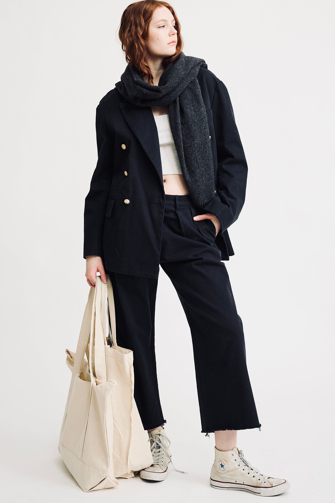 Cropped Double Pleat Wide Leg Chino - Black