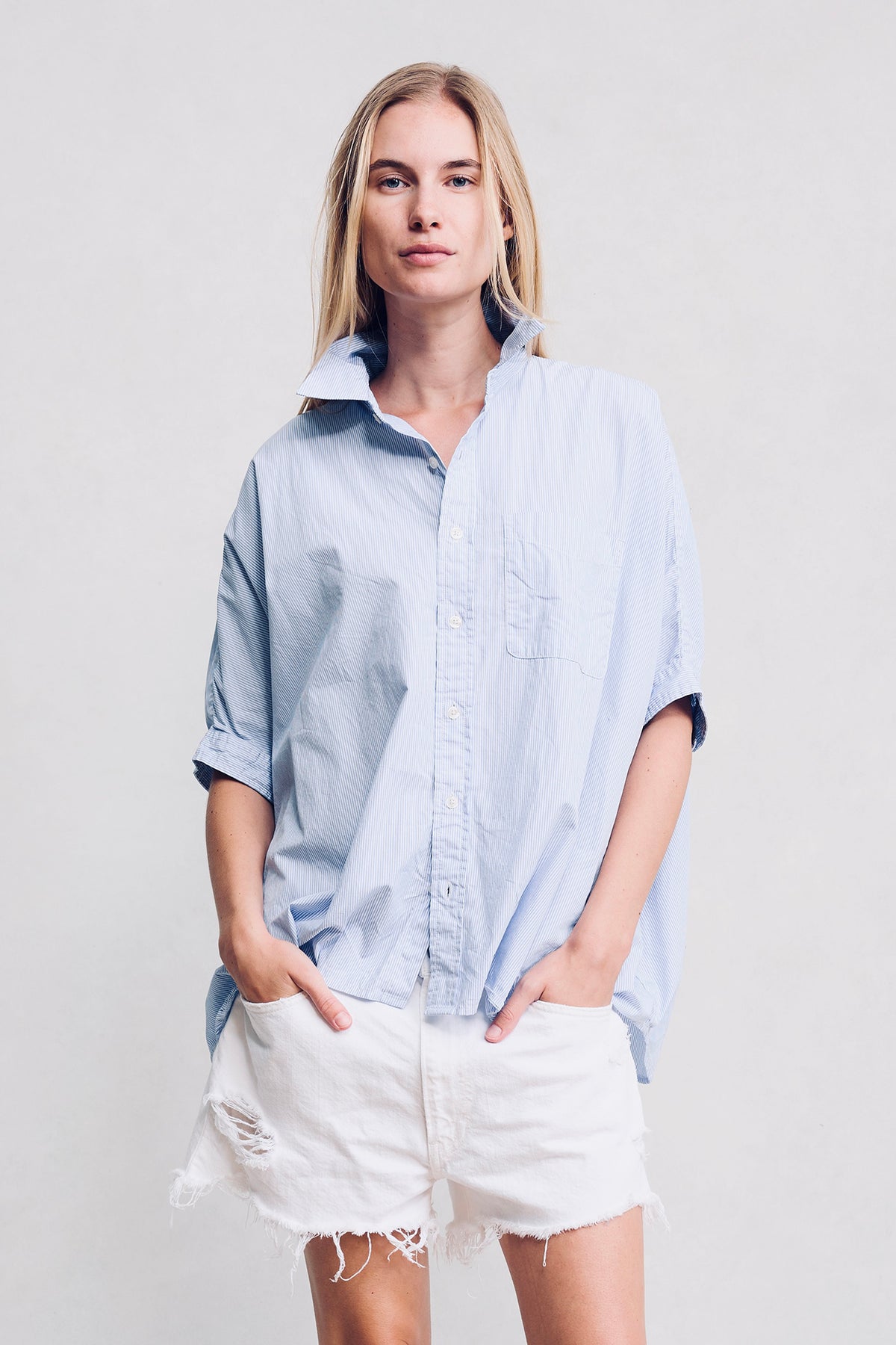 Emma Cuffed Shirt - Light Blue Mini Stripe