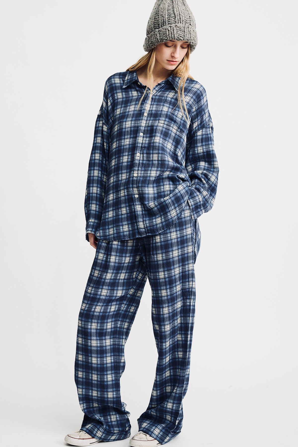 Button Front Shirt - Printed Blue/Ecru Plaid
