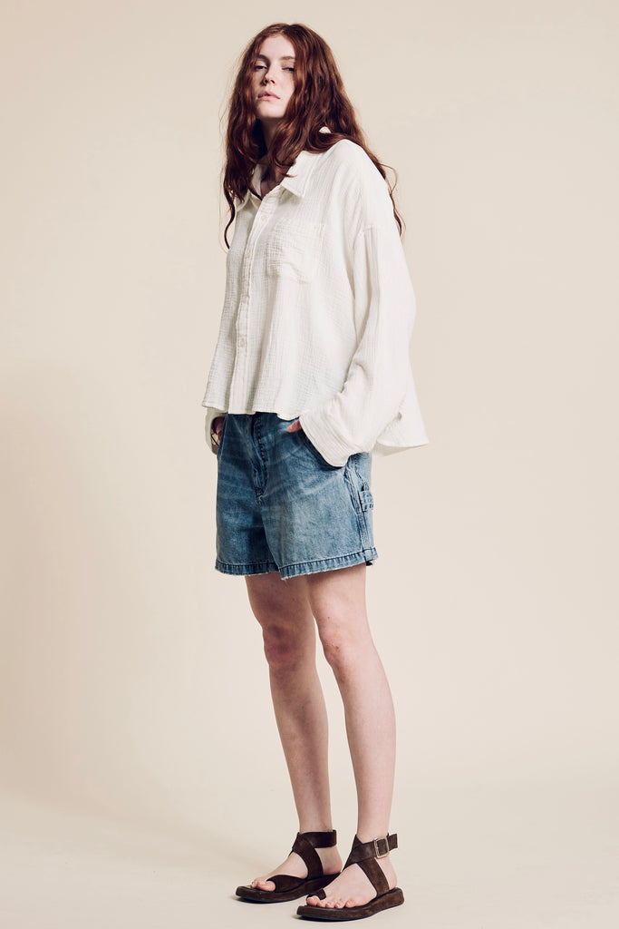 Cropped Button Front Shirt - Ecru Gauze