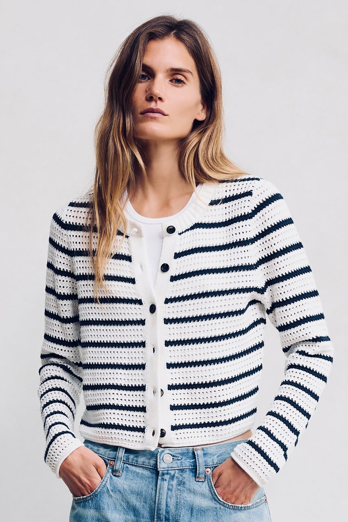 Stripe Crochet Shrunken Cardigan - White With Navy Stripes