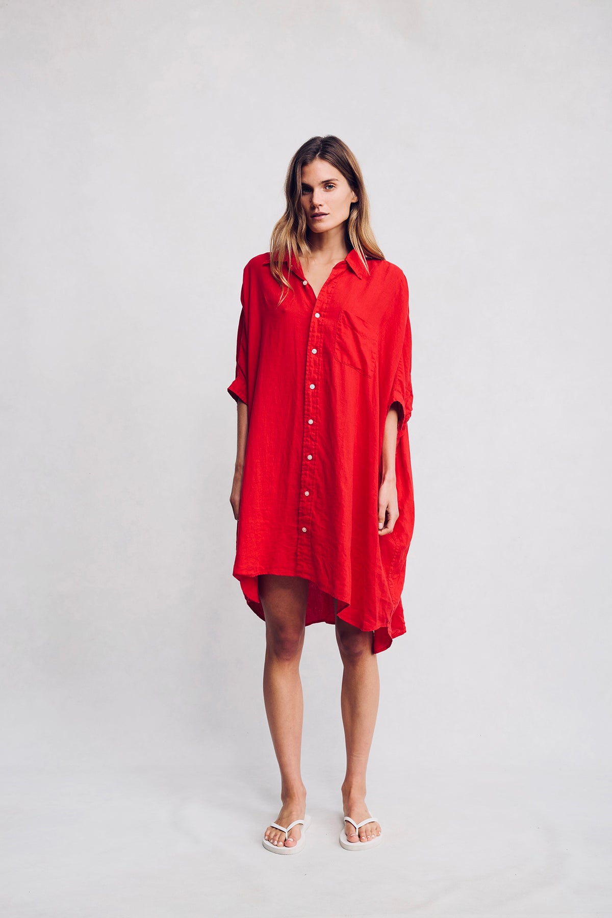 Oversized Cuffed Shirtdress - Red