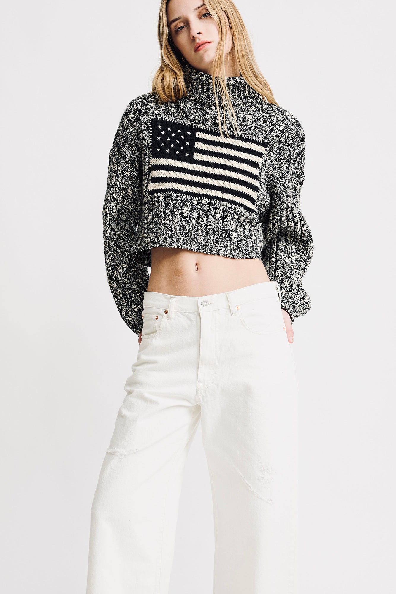 American Flag Cropped Turtleneck Sweater - Marled Black/Cream