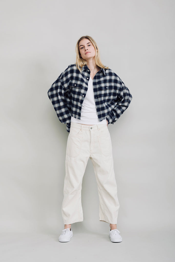 Cropped Work Shirt - Navy Green White Plaid