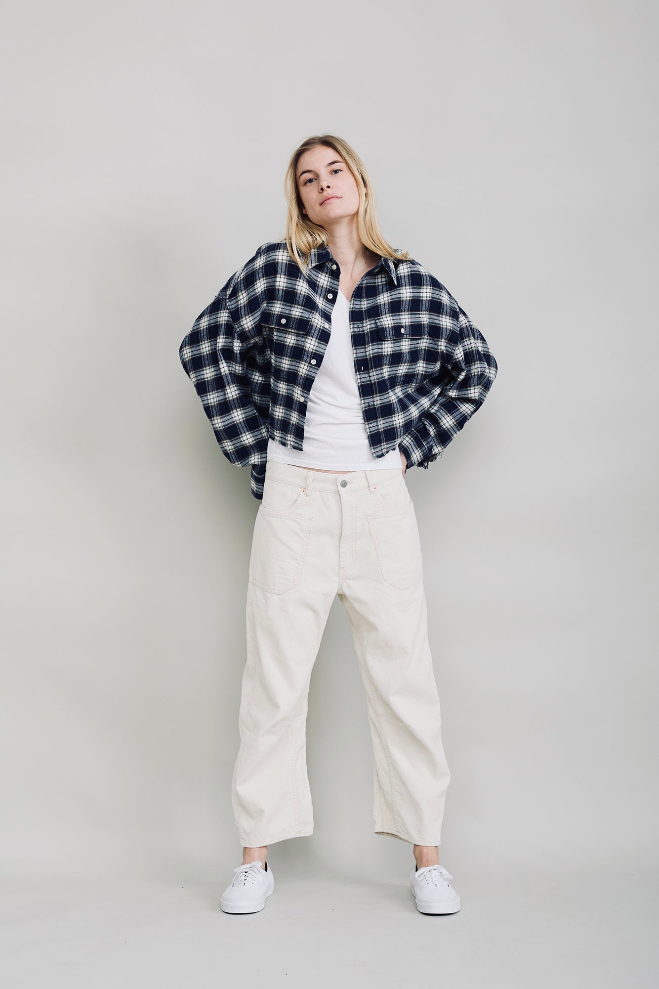 Cropped Work Shirt - Navy Green White Plaid