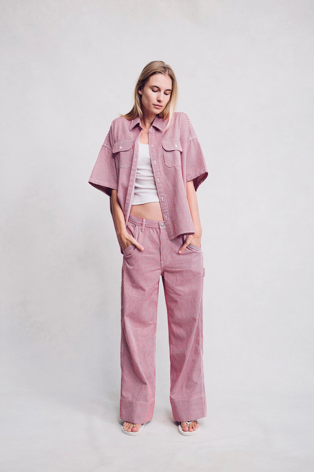 Short Sleeve Button Down Workshirt - Red Railroad Stripe