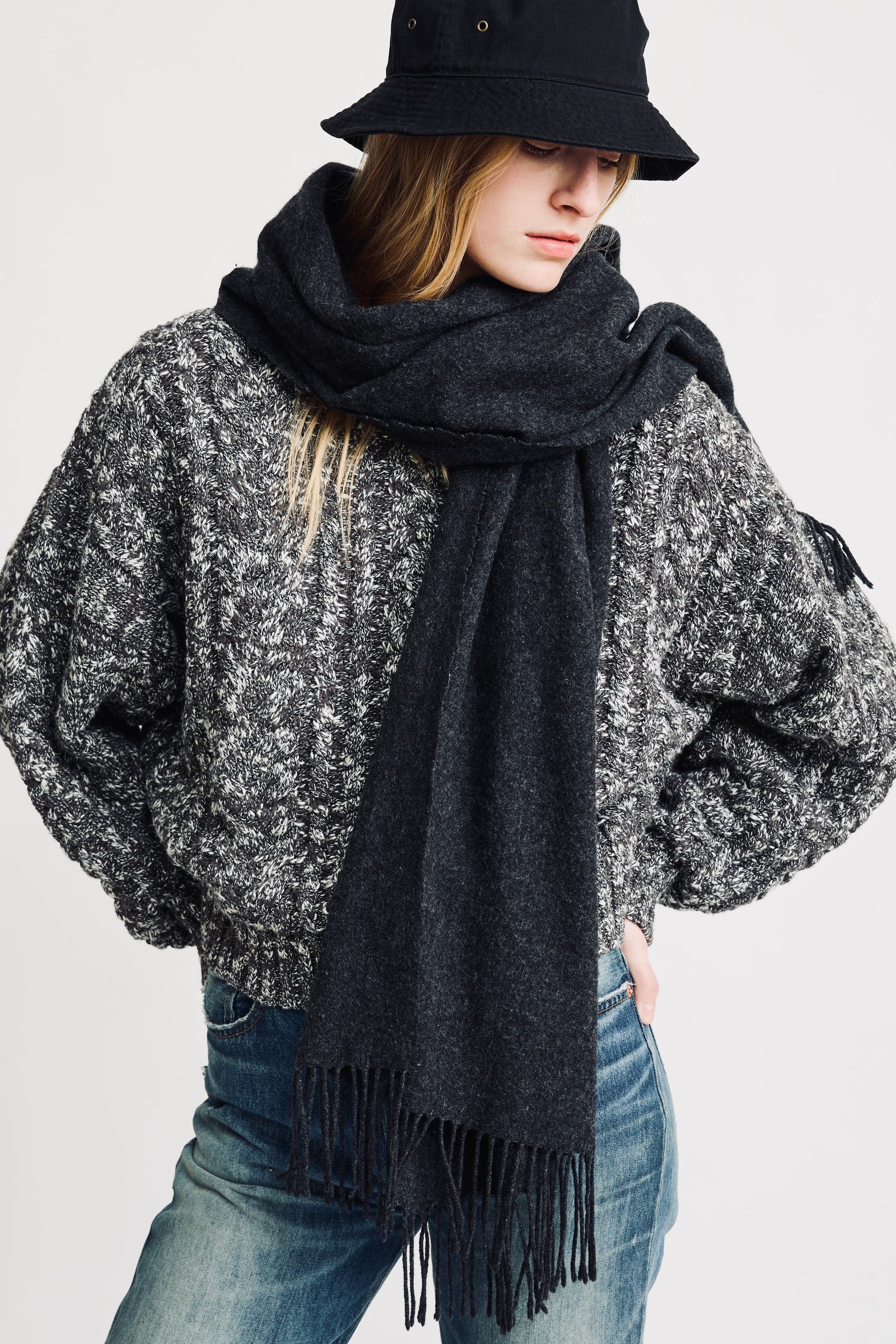 Cable Sweater W/Rolled Neck - Marled Charcoal Grey