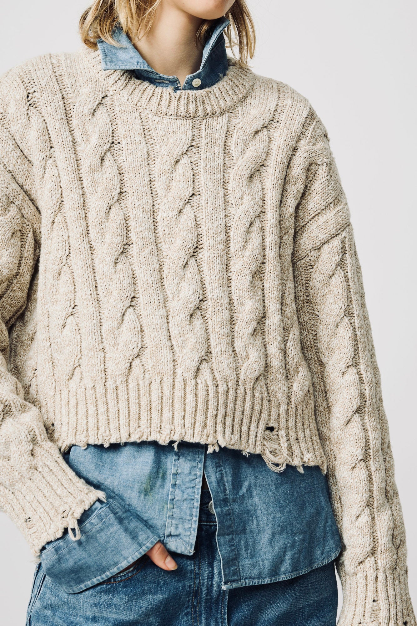 Oversized Cropped Aran Sweater - Light Heather Grey