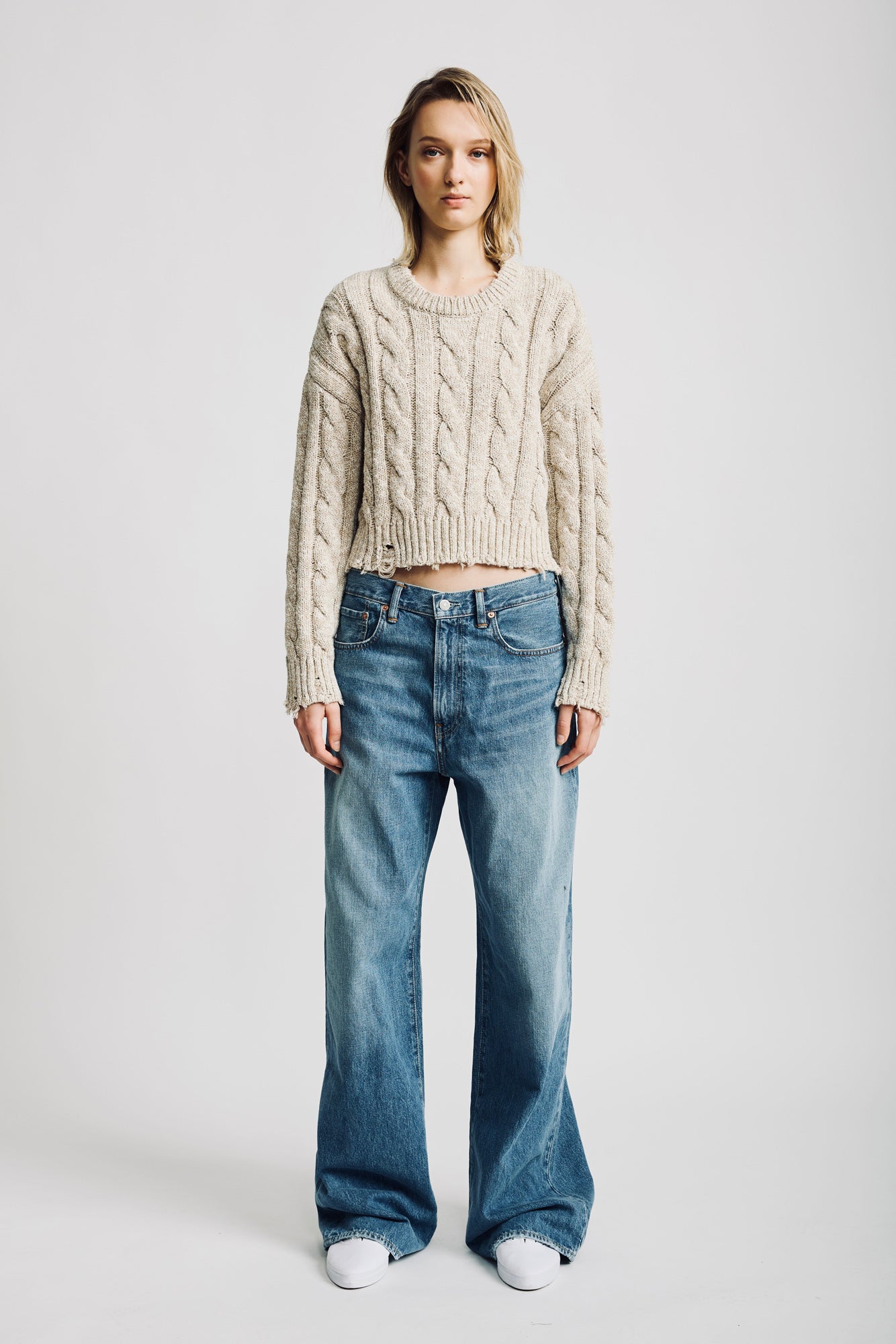 Oversized Cropped Aran Sweater - Light Heather Grey