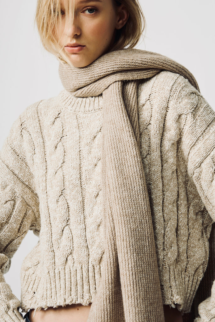 Oversized Cropped Aran Sweater - Light Heather Grey
