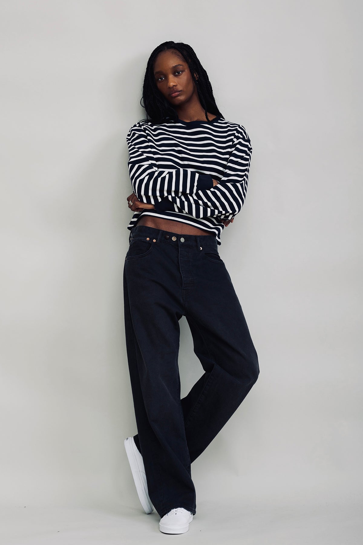 Boxy Cropped Long Sleeve Crewneck Tee - Navy White Stripe
