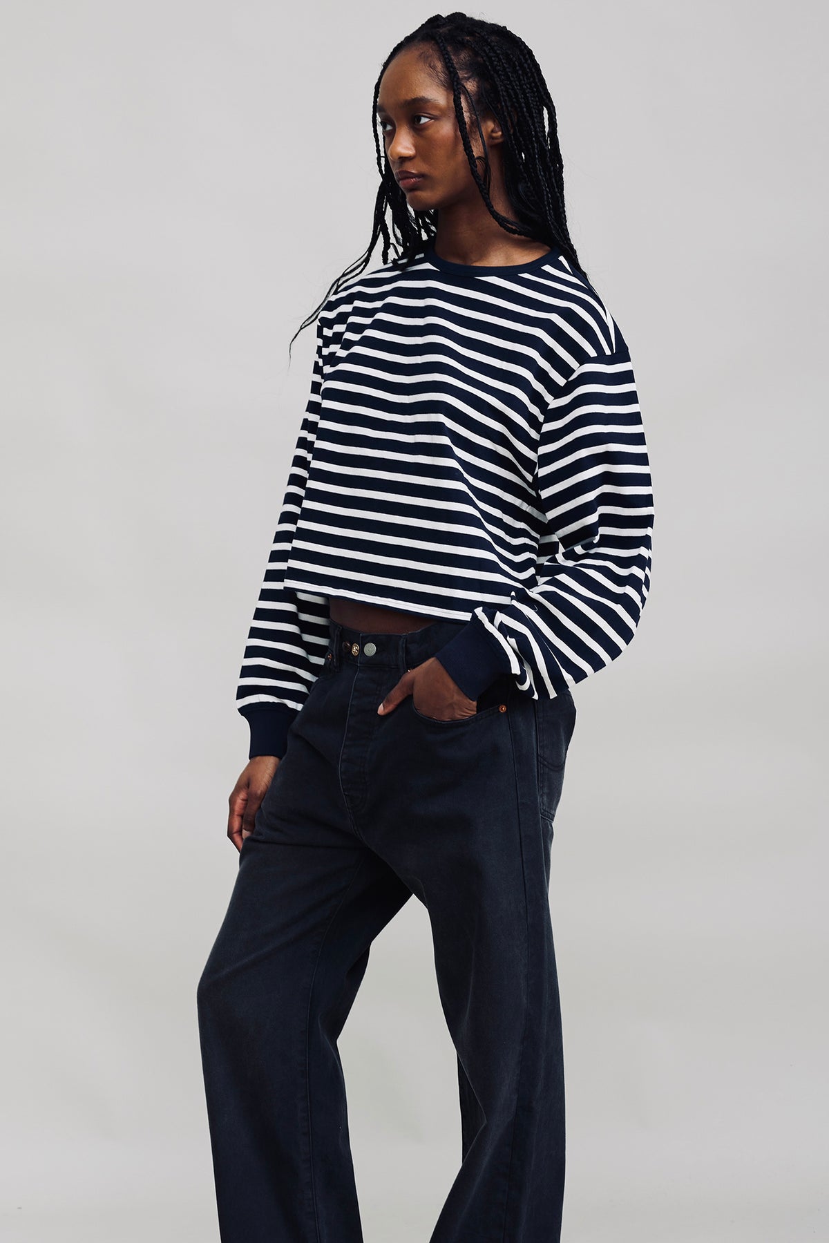 Boxy Cropped Long Sleeve Crewneck Tee - Navy White Stripe