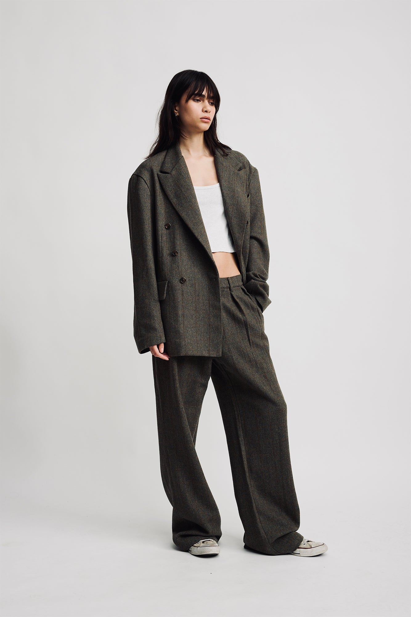 Double Pleat Wide Leg Pant - Olive Herringbone