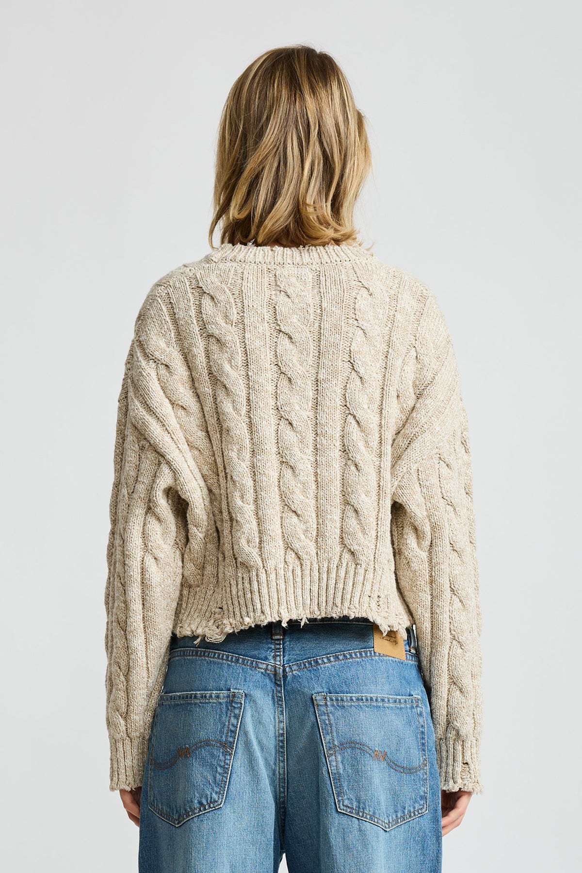 Oversized Cropped Aran Sweater - Light Heather Grey