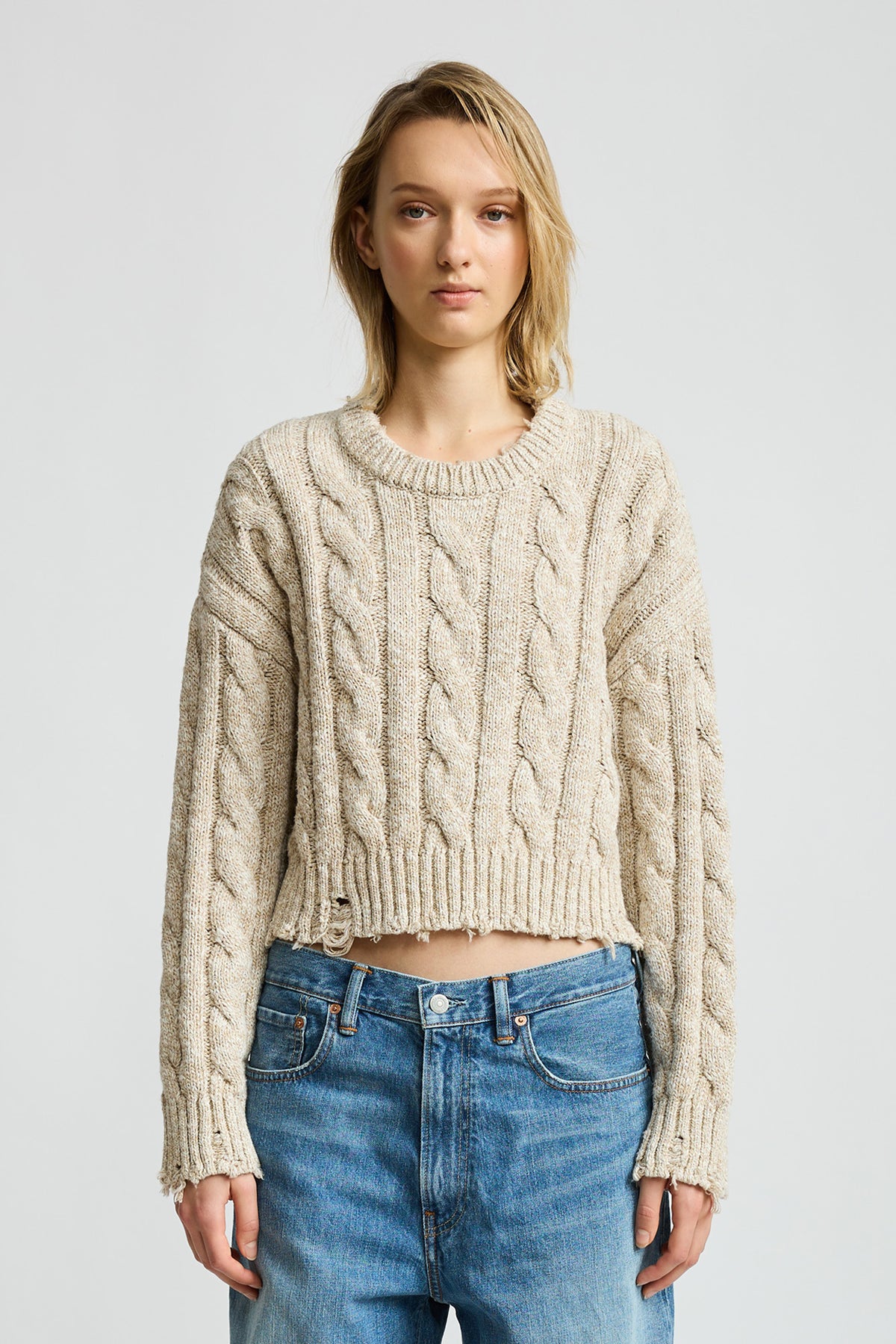Oversized Cropped Aran Sweater - Light Heather Grey
