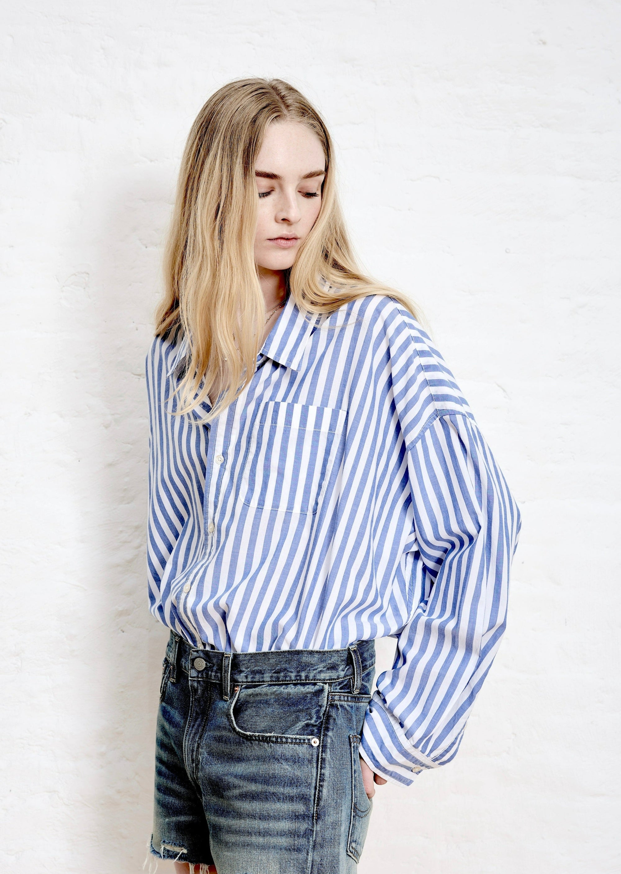 Cropped Shirt - Medium Blue Stripe