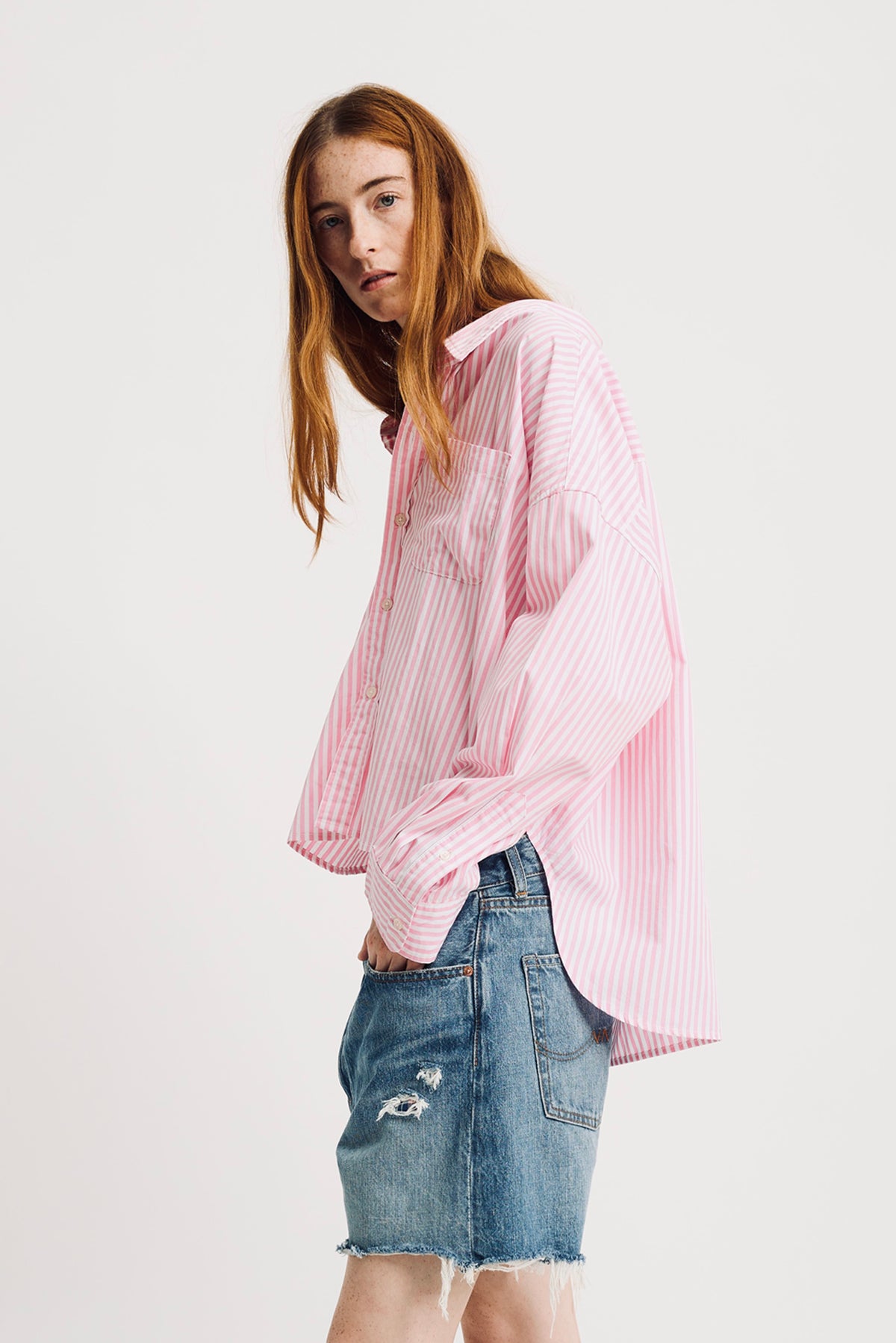 Cropped Shirt - Wide Pink Stripe