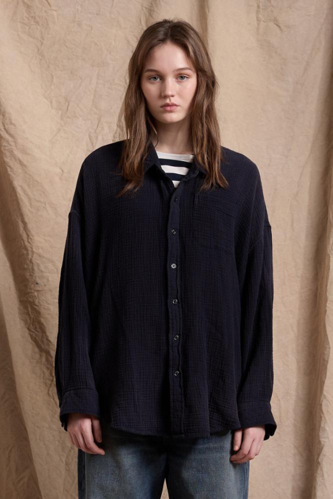 Button Front Shirt - Navy Crinkle Cotton