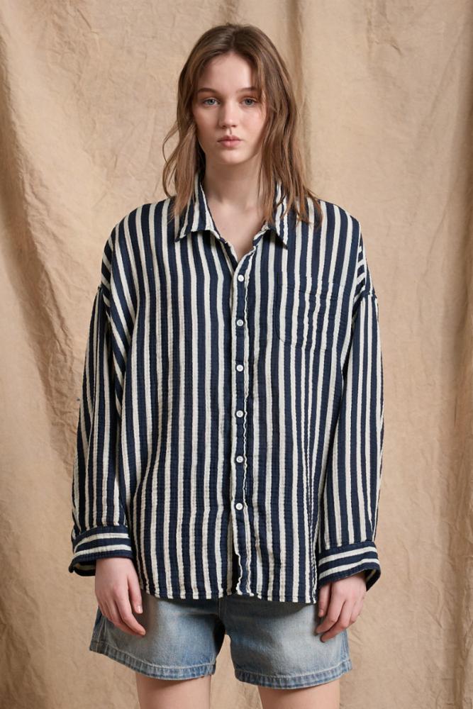 Button Front Shirt - Navy Stripe Crinkle Cotton