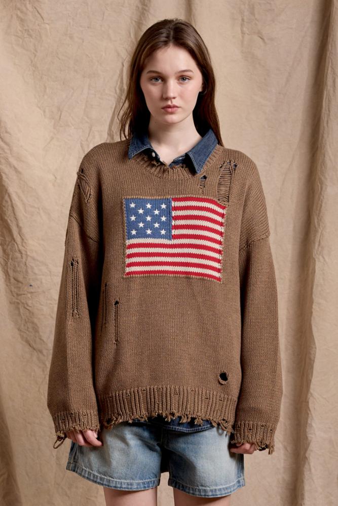 American Flag Sweater - Light Heather Brown
