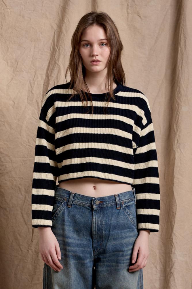 Cropped Stripe Relaxed Sweater - Dark Navy w/ Ecru | Denimist