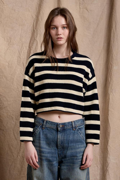 Cropped Stripe Relaxed Sweater - Dark Navy w/ Ecru | Denimist - denimist