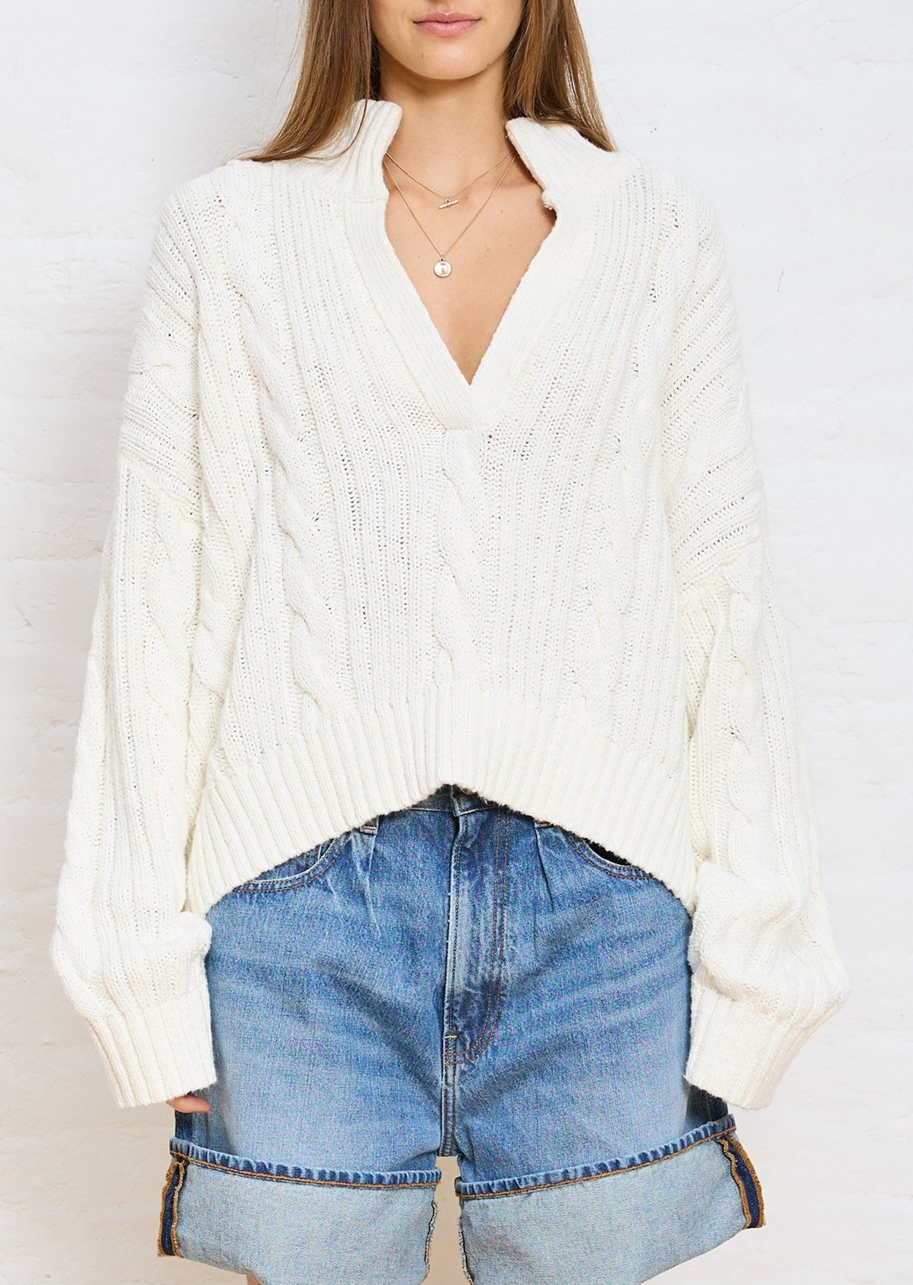 Split Neck Cable Sweater - White
