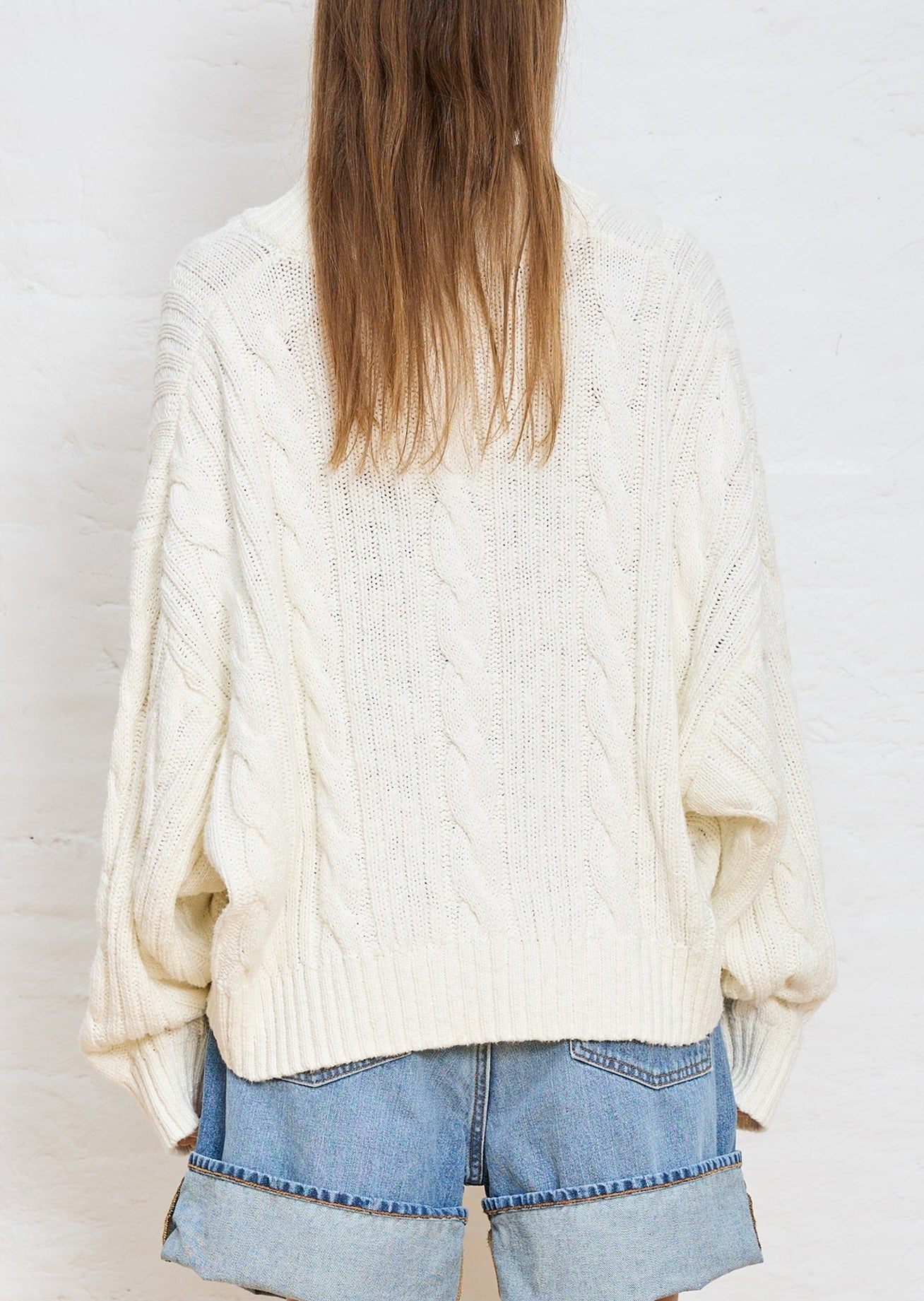 Split Neck Cable Sweater - White
