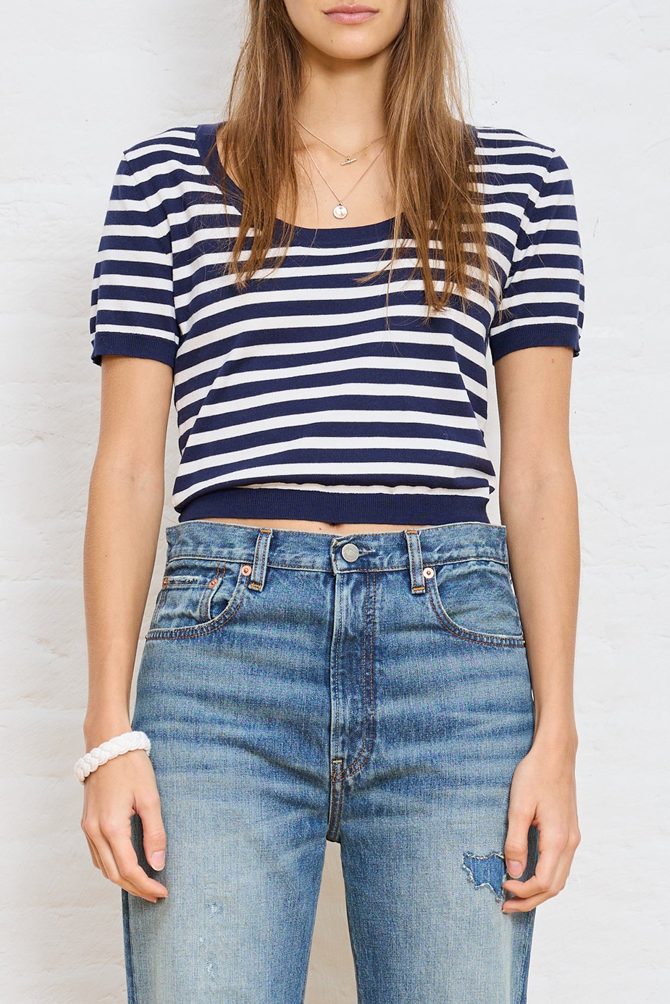 Scoop Neck Skinny Sweater - Navy w/ Ecru Stripe