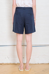 Double Pleat Shorts - Navy Linen