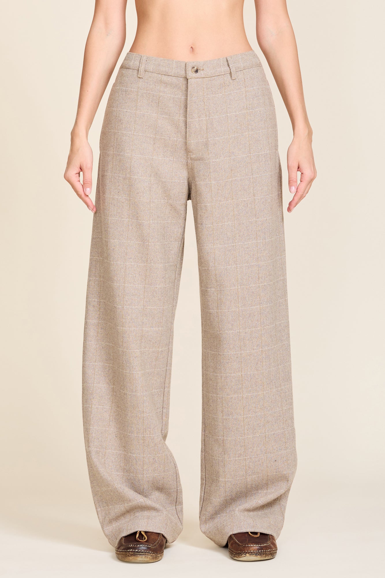 Flat Front Wide Leg Pant - Tan Herringbone