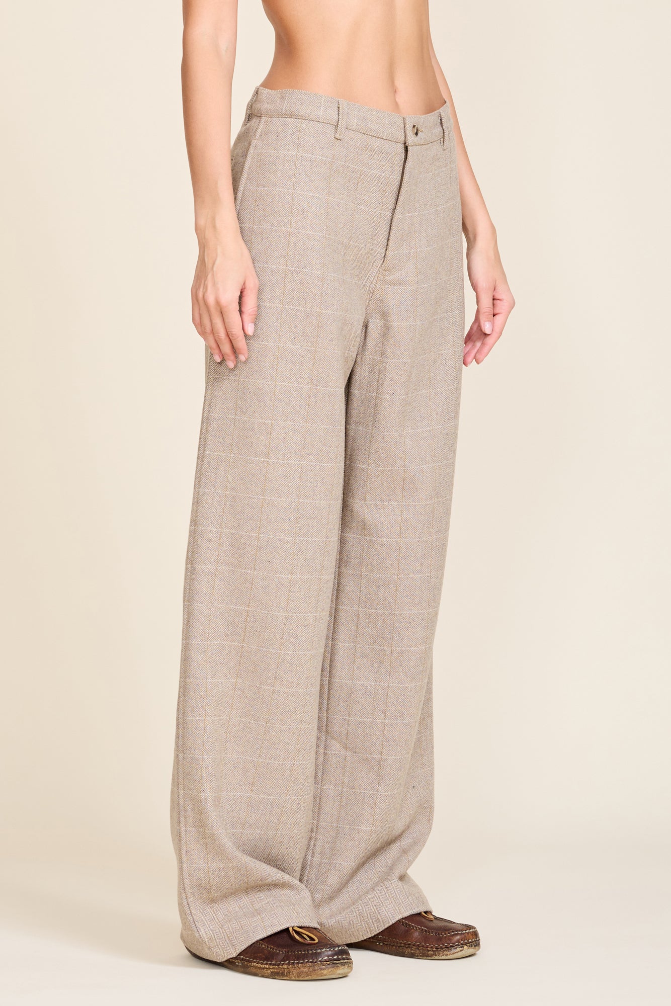 Flat Front Wide Leg Pant - Tan Herringbone