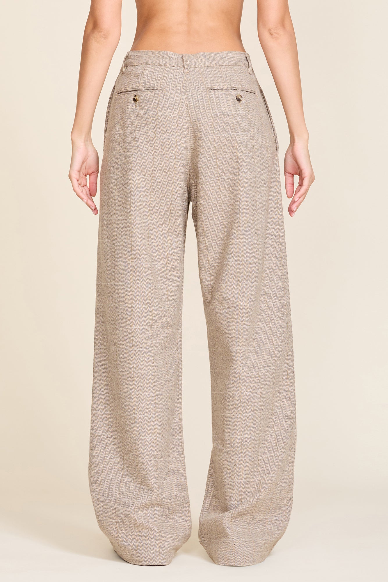 Flat Front Wide Leg Pant - Tan Herringbone