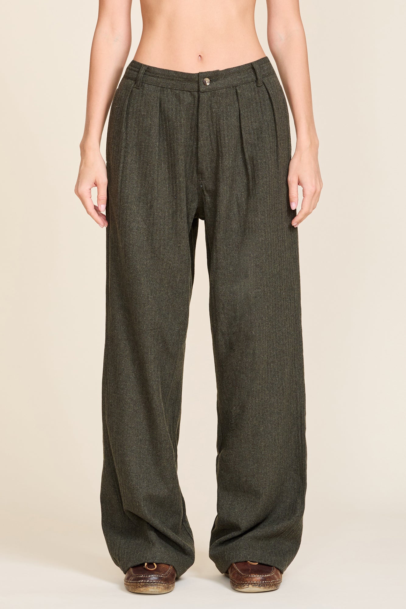 Double Pleat Wide Leg Pant - Dark Olive