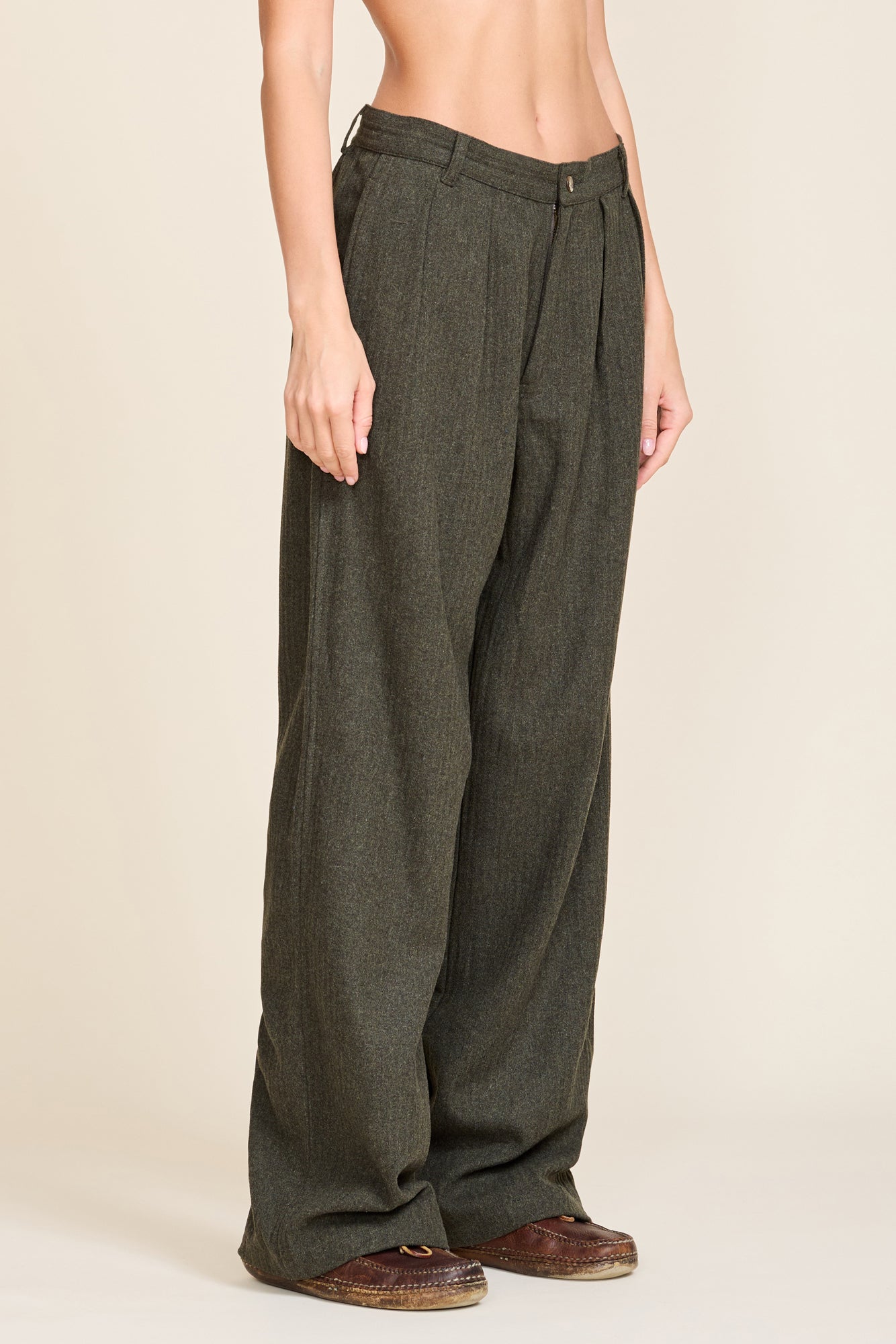 Double Pleat Wide Leg Pant - Dark Olive